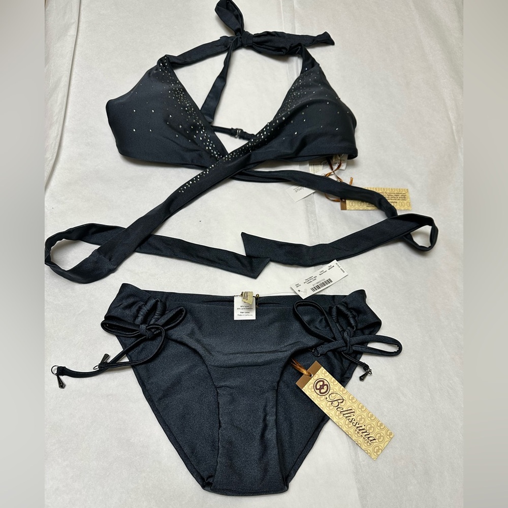 🦋NWT;Bellisima Swimwear Wrap Halter Black Pearl  Swarovski bikini 🩵